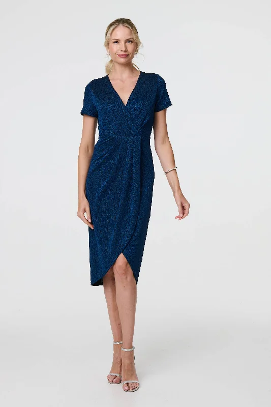 Sparkly Ruched Short Sleeve Midi Dress