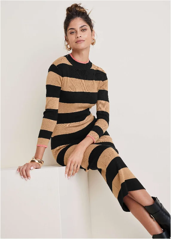 Stripe Midi Sweater Dress - Black & Tan