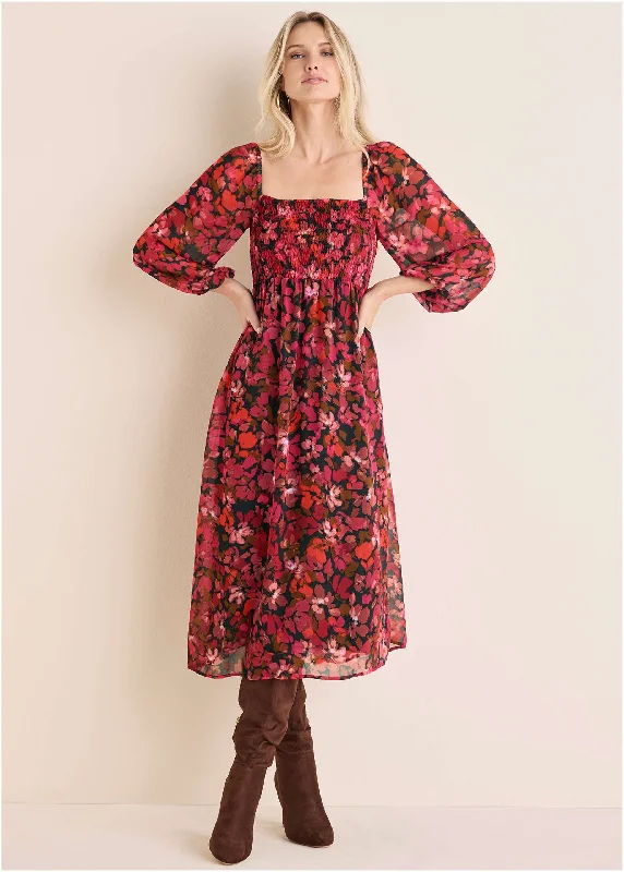 Smocked Midi Dress - Autumn Petals