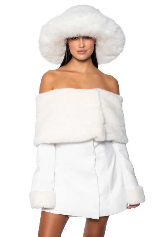 APRES SKI OFF SHOULDER FAUX FUR MINI DRESS