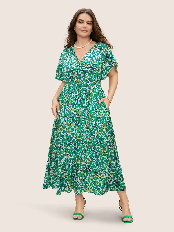 Floral Button Detail Petal Sleeve Maxi Dress