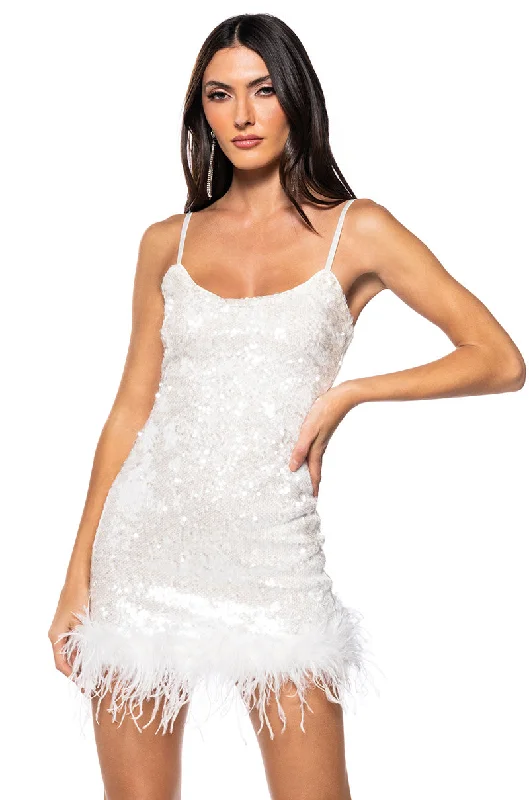 MOVE ALL NIGHT SEQUIN FEATHER TRIM MINI DRESS