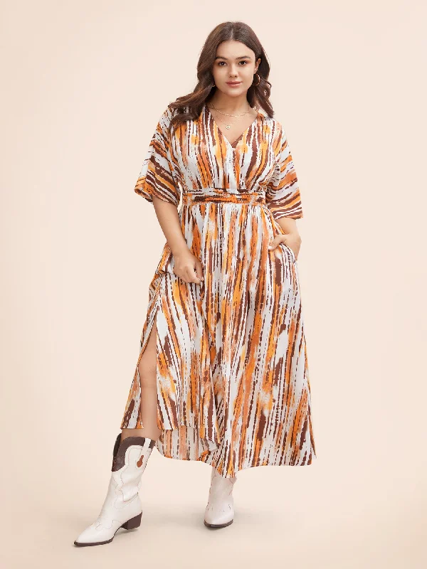 Striped Overlap Collar Shirred Maxi Dress