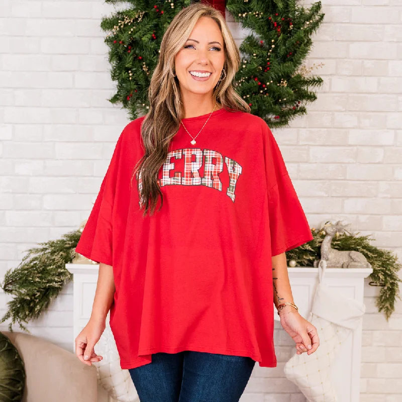 Merry and Plaid Boyfriend Tee, Red