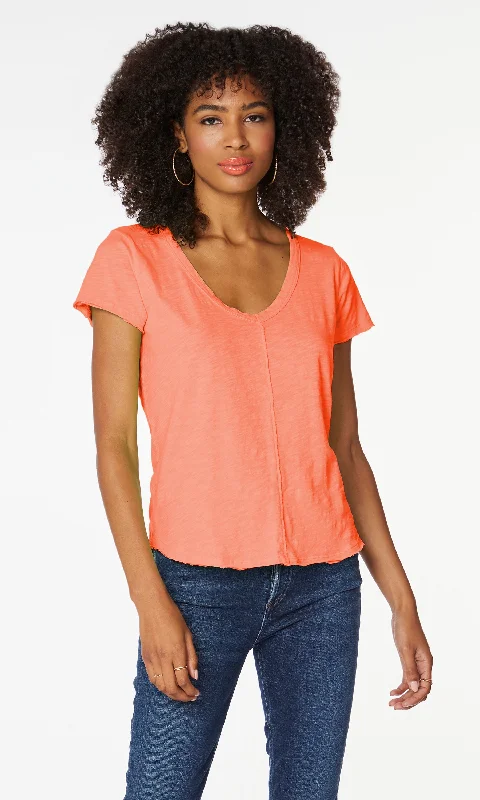 Center Seam V Neck Tee - Hot Coral