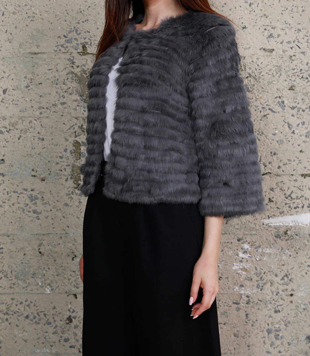 Crop Sleeve Fur Jacket - Charcoal