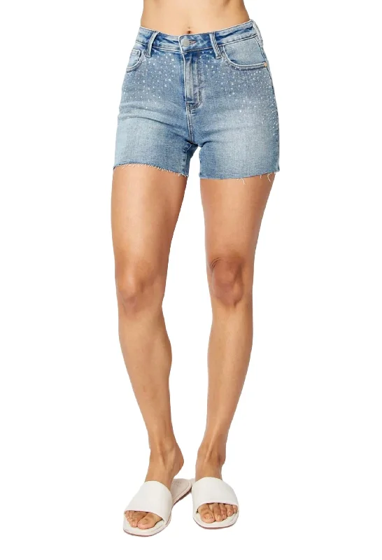 Rhinestone Embellishment Cut Off Shorts In Blue