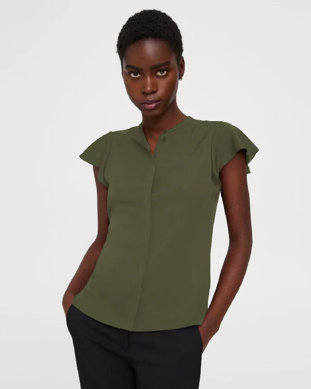 Ruffle Sleeve Silk Georgette Shirt - Dark Olive