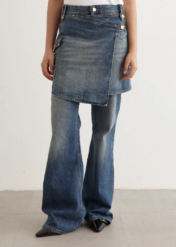 Heavy Washed Denim Flared Skirt Jeans