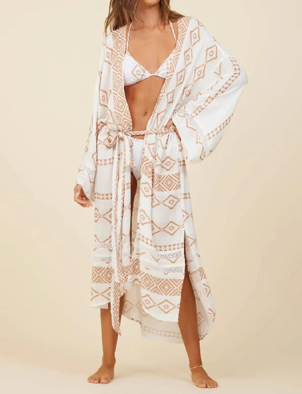 Tribal Print Rayon Crepe Kimono In Caramel Island