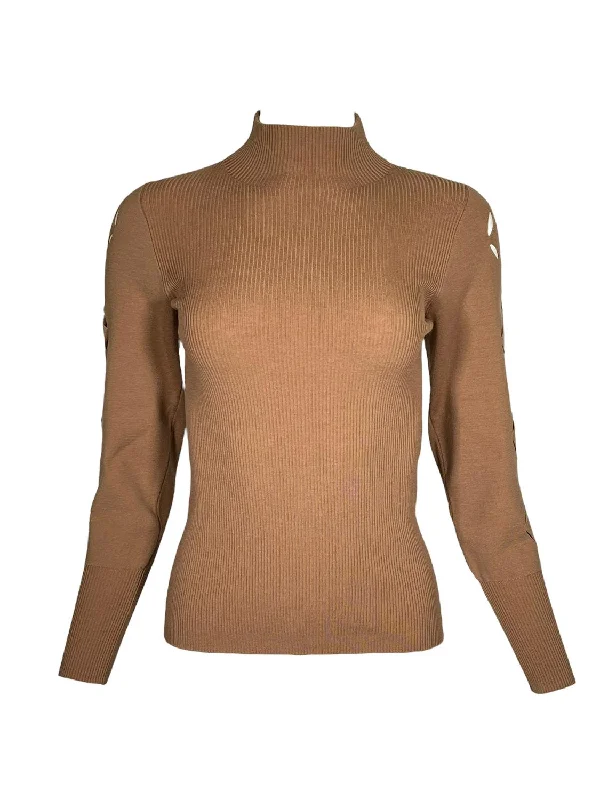 Women Laser Cut Stretch Merino Sweater In Camel