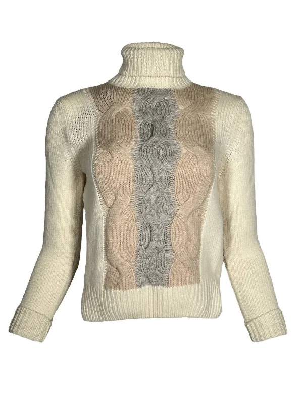 Women Tricolor Cable Sweater In Latte