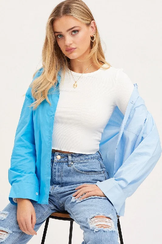 Blue Oversized Shirts Long Sleeve Collared